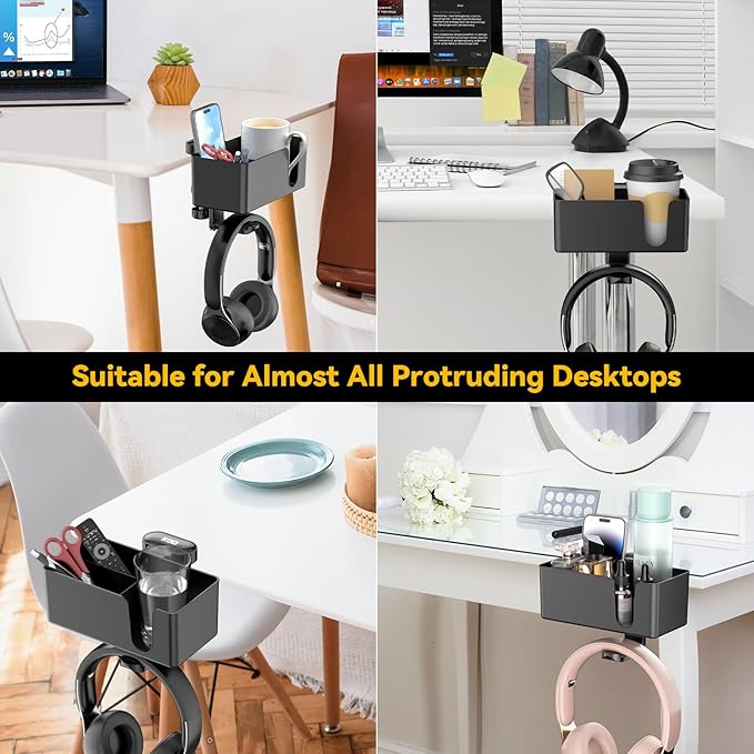 KDD 4 in 1 Desk Cup Holder - Clamp on Under Desk Headphone Hanger - Rotating Headphone Holder Detachable Pen Cup Holder Desk Storage for Cup, Phone and Pen(Black)