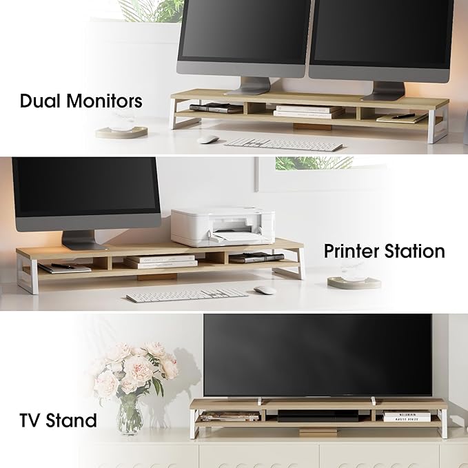 Fenge Dual Monitor Stand for Desk, 42.5in Large Monitor Riser for 2 Monitors, 2 Tier Computer Office Desk Top Shelf, Desktop Storage Stand for Laptop, PC, Computer, Printer