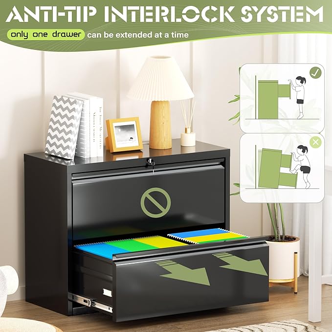 Crownland Lateral File Cabinet with 2 Drawers, 28" W Metal Lockable Office File Cabinets for Home Office- Stores Letter/Legal/A4/F4 Files(Black)