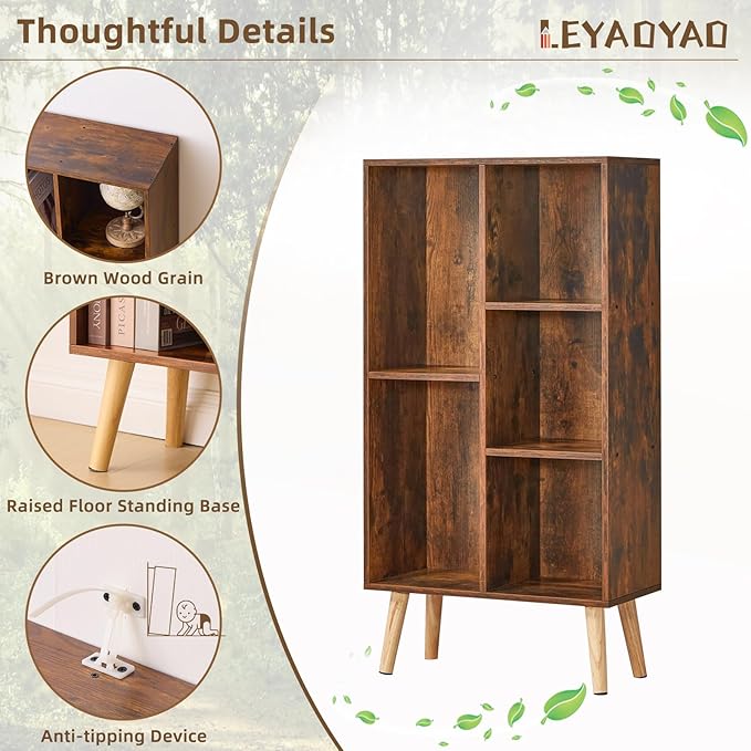 LEYAOYAO 5 Cube Small Bookshelf,3 Tier Mid-Century Bookcase with Legs,Wood Bookshelves Storage Organizer Shelf,Narrow Book Shelves,Brown Bookcases