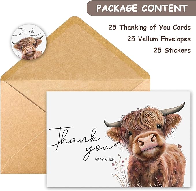 25Pcs Highland Cow Thank You Cards with Envelopes, 4x6 In Farm Cute Watercolor Design Highland Cow Greeting Cards Sympathy Cards Bulk for Wedding, Baby & Bridal Shower - with Sticker