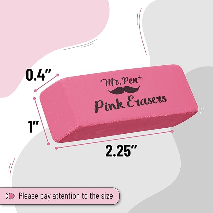 Mr. Pen Pink Pencil Erasers, Large, Pack of 12