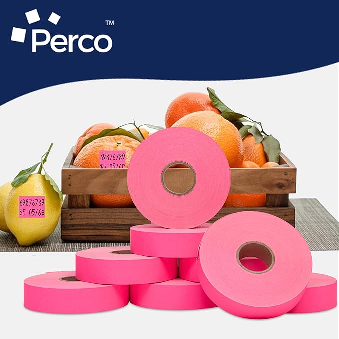 Perco Fluorescent Pink Pricing Labels for Monarch 1136 Price Gun - 8 Rolls, 14,000 Pricemarking Labels - with Bonus Ink Roll Included