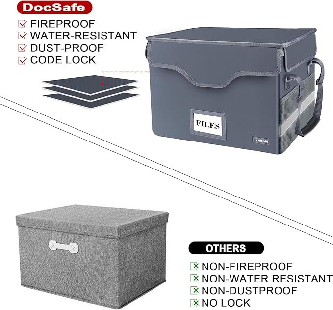 DocSafe File Box Fireproof Document Box with Lock, File Storage Organizer Box with Pockets,Collapsible Portable File Box Home Office File Cabinet with Handle for Hanging Letter/Legal Folder,Gray