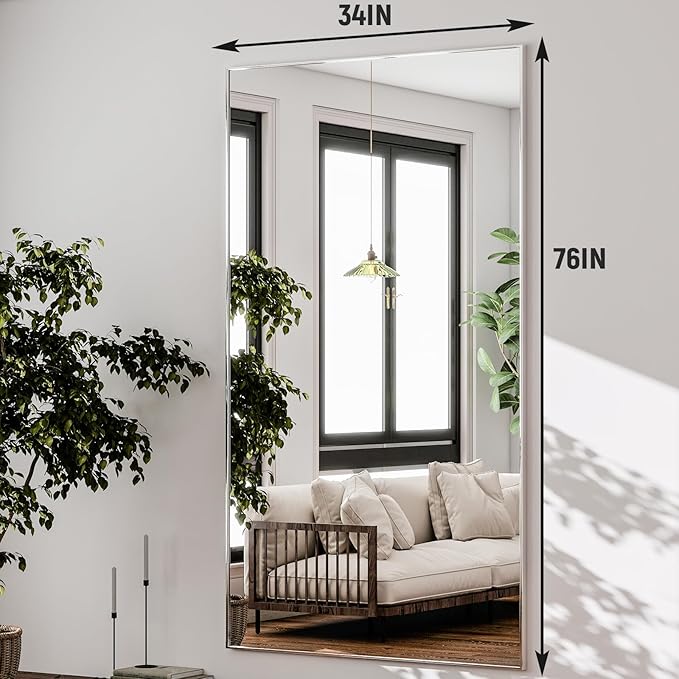 GLSLAND 76"x34" Full Length Mirror Extra Large Hanging or Leaning Rectangle Mirror Aluminum Alloy Thin Frame Bedroom Floor Dressing,Silver