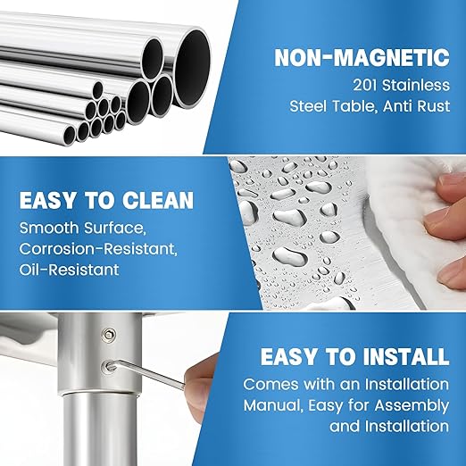 Stainless Steel Table for Prep & Work with Undershelf 24 x 48 Inches NSF Metal Commercial Kitchen Adjustable Under Shelf Worktable for Restaurant Home Outdoor