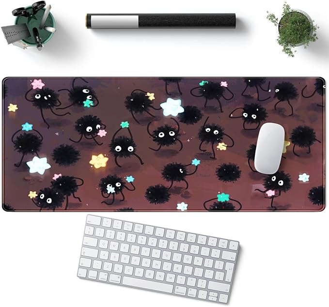 Desk Pad Anime Black Pom Poms Gaming Mouse Pad Large Star Designs Desk Office Decor Exclusive Beautiful Girls Mouse Pad for Women Desktop with Stitched Edges Non-Slip Computer Mat 31.5x11.8In