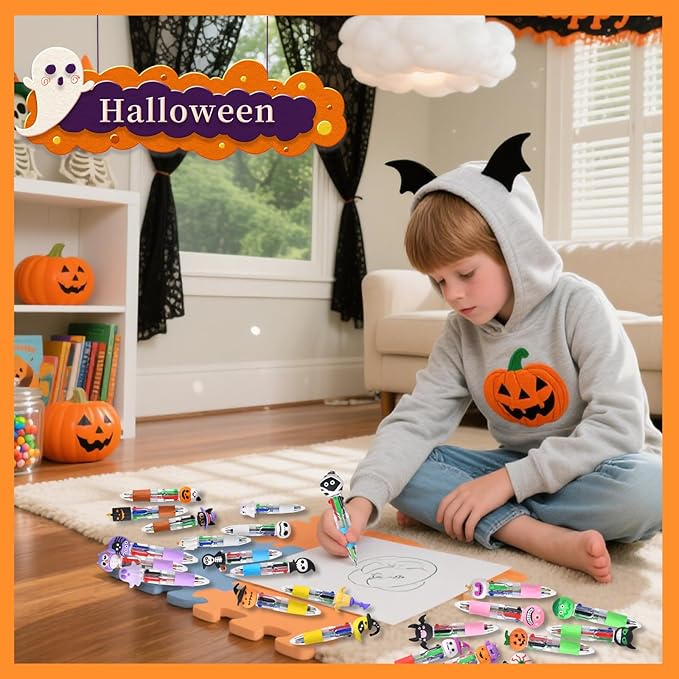 24 Pcs Halloween Multicolor Pens in One 4-in-1 Cute Kawaii Fun Pen Spooky Pumpkin Ballpoint Pen for Trick-or-Treat Halloween Office Supplies & Classroom Gifts (Halloween)