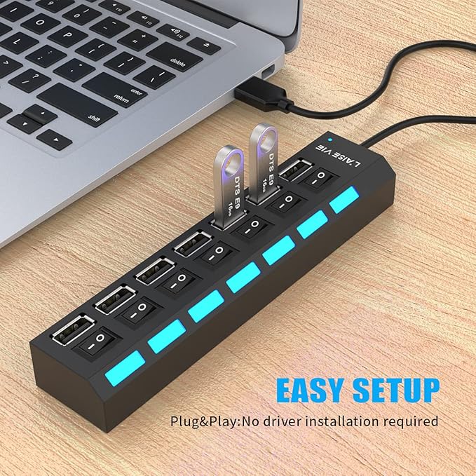 Multi Port Splitter, 7 Port USB 2.0 Hub, USB A Port Data Hub with Independent On/Off Switch and LED Indicators, Lights for Laptop, PC, Computer, Mobile HDD, Flash Drive and More (Black 2.0)