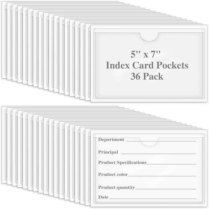 36 Pack Adhesive 5" x 7" Index Card Pockets with Top Open for Loading, Clear Plastic Labels Holders for Storage Bins Organizing Library Card Totes Shelves