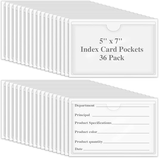 36 Pack Adhesive 5" x 7" Index Card Pockets with Top Open for Loading, Clear Plastic Labels Holders for Storage Bins Organizing Library Card Totes Shelves
