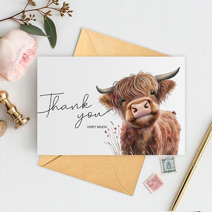25Pcs Highland Cow Thank You Cards with Envelopes, 4x6 In Farm Cute Watercolor Design Highland Cow Greeting Cards Sympathy Cards Bulk for Wedding, Baby & Bridal Shower - with Sticker