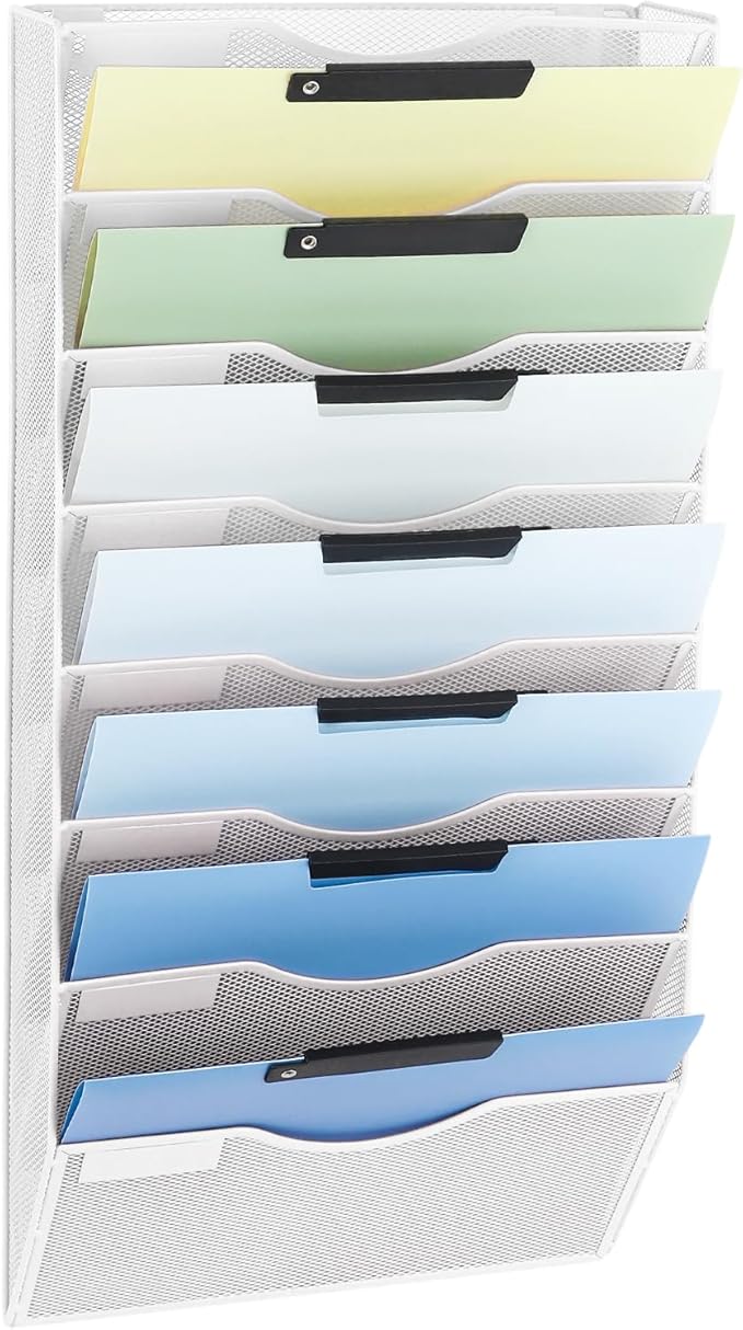 EASEPRES 8 Pocket Mesh Hanging Wall File Organizer, Wall Mounted Mail Paper Document Folder Holder, Clipboard Storage Organization Magazine Rack with Nametag Label for Office Home School, White