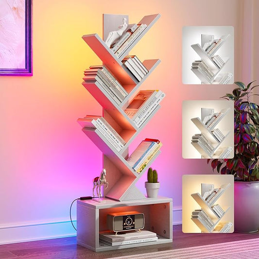 6 Tier Tree Bookshelf with Lights, LED Book Tree Bookcase with Storage Organizer, Small Corner Bookshelf Floor Standing Book Shelf for Living Room, Bedroom & Home Office, White