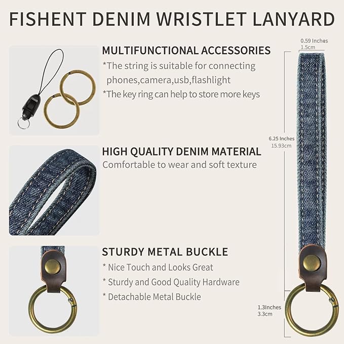 Fishent Denim Wristlet Keychain for Women Men, Cute Key Chain, Wrist Lanyards for Car Keys ID Badge Wallet Card Holder