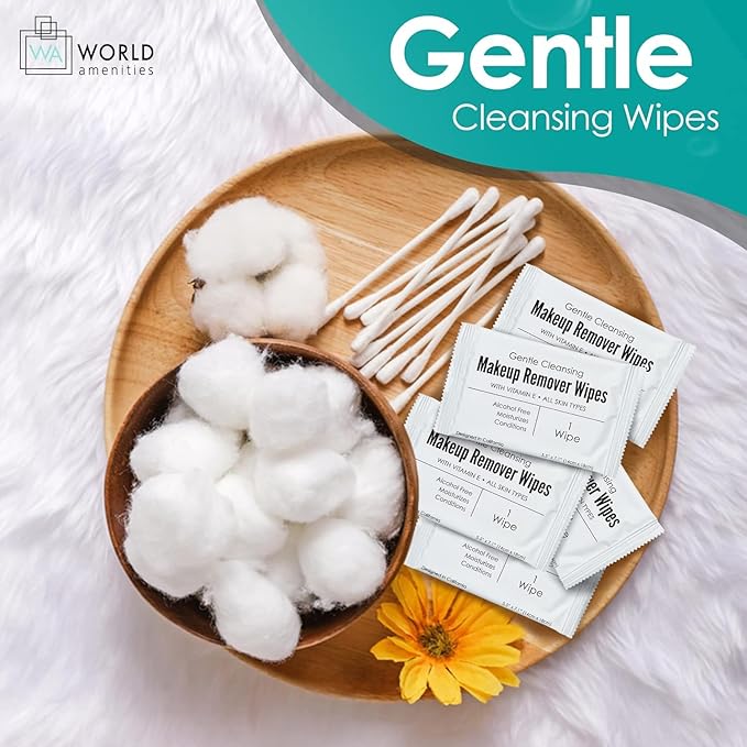 Bulk Makeup Remover Wipes | 500 Count| Individually Wrapped, Gentle Cleansing, Alcohol Free - All Skin Types - Vitamin E - 100% Recyclable, Hotel Travel Size Toiletries