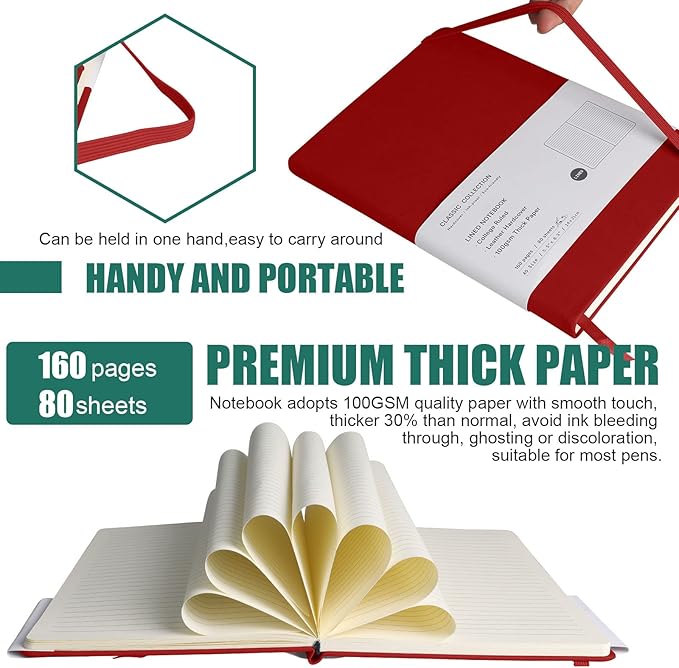 Lined Journal Notebook, 10Pack(Red), 160 Pages, Medium 5.7 inches x 8 inches - 100 gsm Thick Paper, Hardcover