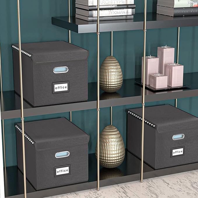 Huolewa File Organizer Box with Lid, Collapsible File Folder Organizer for Office Document Storage, Filing Box with Plastic Slide for Letter/Legal Size Hanging Files, Dark Grey