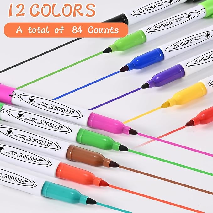 Permanent Markers Assorted Colors Set, 12 Colored Markers 84 Pack, Fine Point，Works on Wood, Plastic, Metal, and More, for Adults, Artist, Taecher, Kids