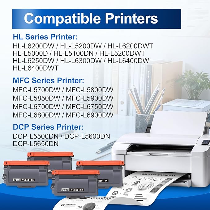 InkNI Compatible TN850 Toner Cartridge Replacement for Brother TN850 TN820 TN880 High Yield Compatible for Brother DCP-L5600DN HL L5000D HL L5200DW HL L6200DW L5850DW L6700DW Printer (Black, 4-Pack)