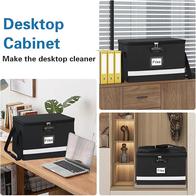 File Box with Lock - Portable File Box with Handle, Sturdy Important Document Organizer with Label, Slide, Reflective Strip for Hanging Letter/Legal Folder