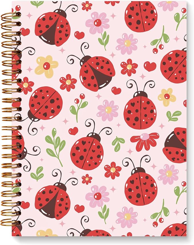 JXREQ Cute Pink Ladybug Floral Notebook Insects Journal for Women Note Taking Writing, Cute School Office Supplies, Preppy Aesthetic Spiral Notebooks 5.5x8.3