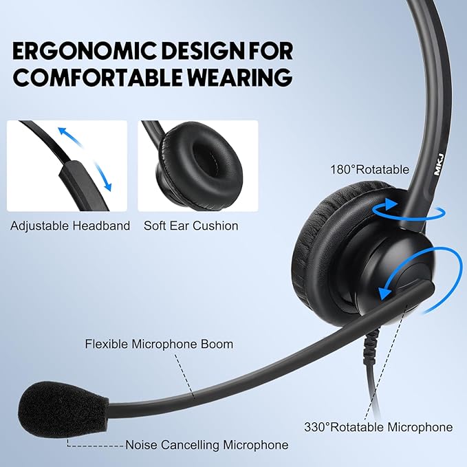 MKJ Telephone Headset for Cisco Phones, Wired Headphones with Microphone Noise Cancelling, Corded RJ9 Office Headset for Cisco CP-7821 7861 7942G 7960G 7975G CP-7841 8811 8841 8851 8861 8865 9951