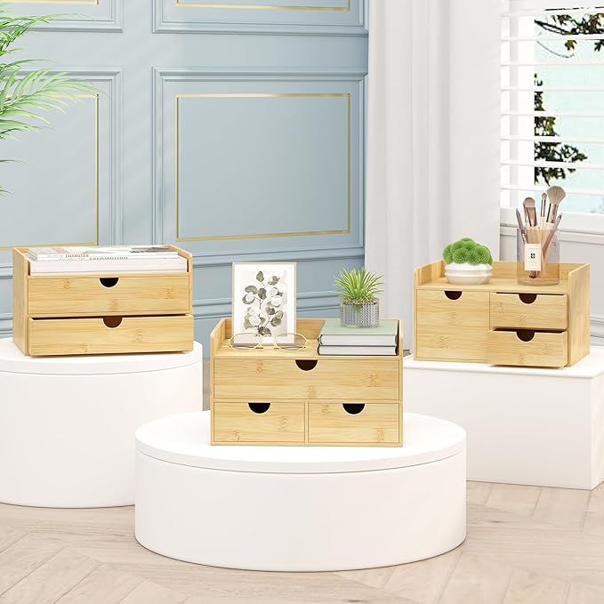 Wisuce Bamboo Desk Drawer Organizer, 2 Drawer Desktop Organizer with Drawers Tabletop Storage Organization Box for Office Home Toiletries Supplies Vanity, No Assembly Required
