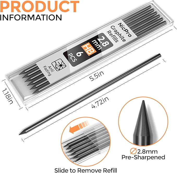 Nicpro 24 Pieces Carpenter Pencil Lead Refills 2.8mm, Break Resistant Leads for Construction and Woodworking Pencils (Black)