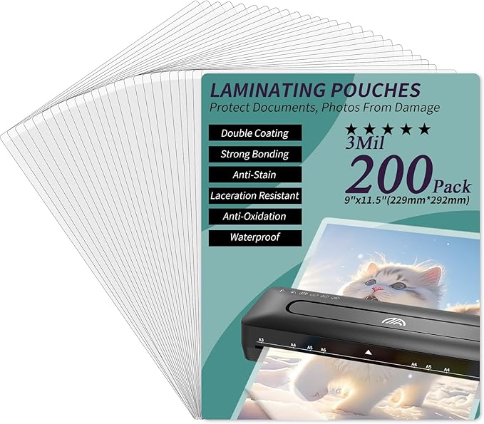 Laminating Sheets - 3Mil 200 Pack Thermal Laminating Pouches, 9"x11.5" Clear Laminate Sheets for Schedules, Menus, Certificates, Art Drawings, Round Corner