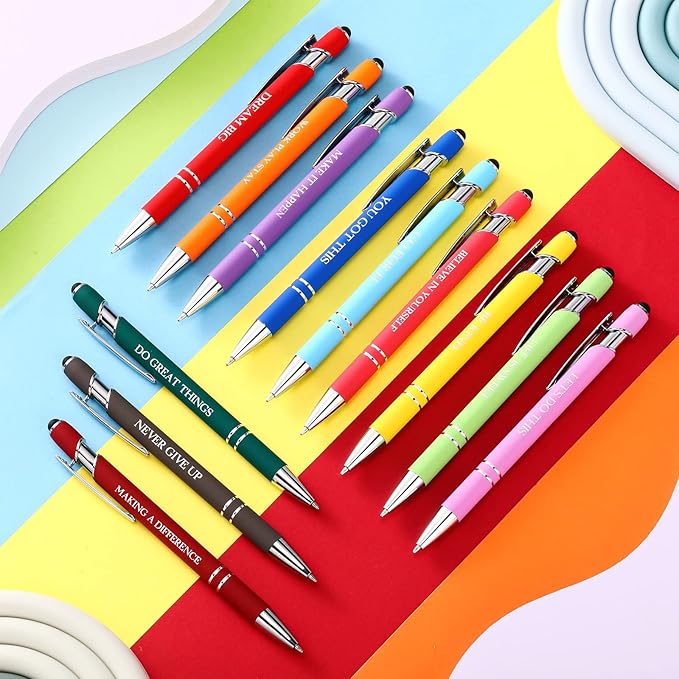 Zonon 12 Pieces Inspirational Pens Bulk Easter Basket Stuffers Motivational Quotes Ballpoint Pens with Stylus Tip Inspirational Gifts for School Office Teachers(Assorted Color,Motivational Style)
