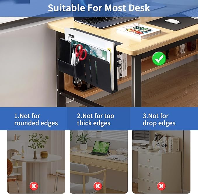 LUKETURE Desk Side Storage, Steel Side Desk Organizer, No Drill Laptop Holder, Clamp on Laptop Mount with Pen Holder, Table Hanging Storage for Home Office, Fits Flat Edge Tables 0.3" to 2.8"