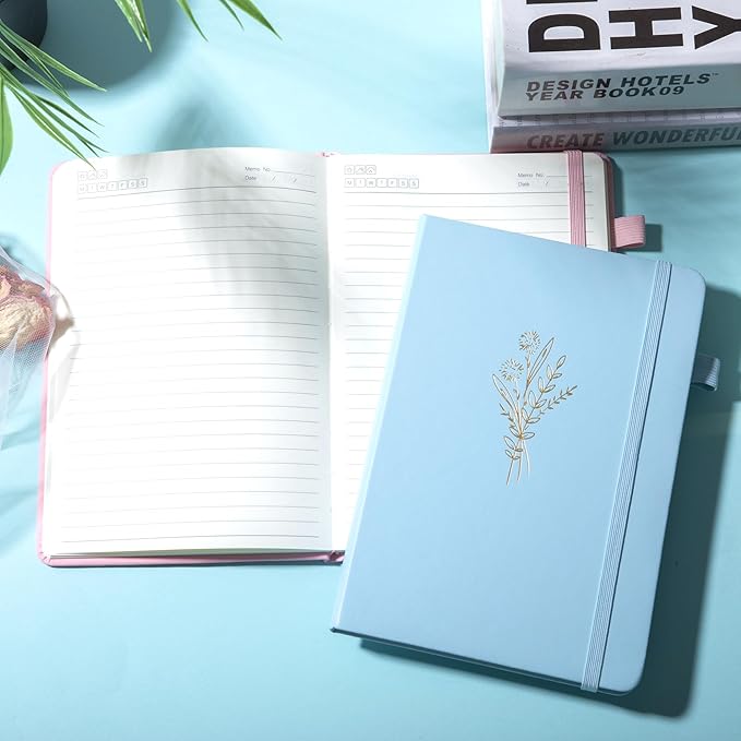 MINICAGIE 2 Pack Lined Journal Notebook for Women Cute Leather Journals for Writing Aesthetic Floral Diary 192 Pages A5 Hardcover Journaling Notebooks with Pen Loop, Blue, Purple