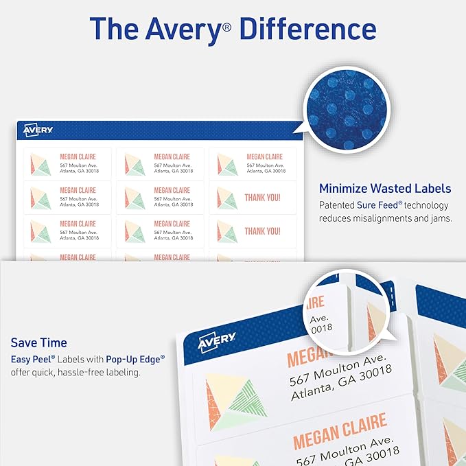 Avery Easy Peel Printable Address Labels with Sure Feed, 1" x 2-5/8" Customizable Stickers, White, 1,500 Blank Mailing Labels, Great for Mailing, Shipping, and More (2-Pack of 5260)