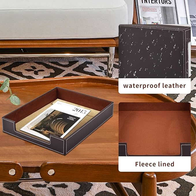 Leather Letter Tray, Office Supplies Desk Organizer for Mail Paper Files Magazines Jewelry Cosmetics,Luxury Letter Holder&Multipurpos Stackable Office Desktop Storage Box,Coffee