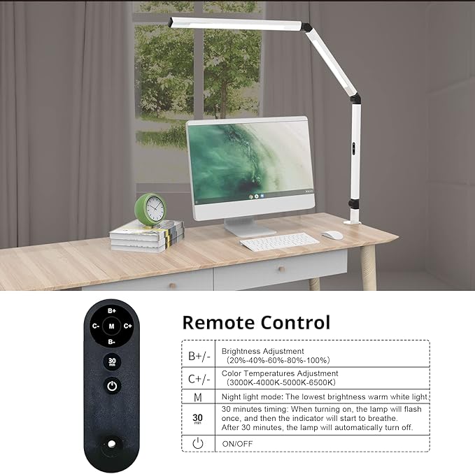 Micomlan LED Desk Lamp for Home Office, Architect Clamp Desk Lamp with Remote Control, Adjustable Swing Arm Clamp on Desk Light Clip-on Dual Light 5 Brightness Levels & 4 CCT Modes Table Light