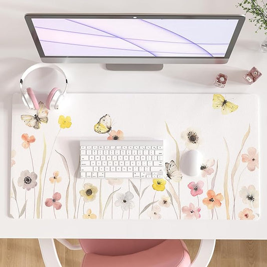Colorful Star Large Desk Mat, Watercolor Floral Mouse PadOffice Supplies, Waterproof PU Leather Gaming Mousepad for Women Girls, Butterflies Desk Pad Home Office Decor Desk Accessories 31.5" x 15.7"