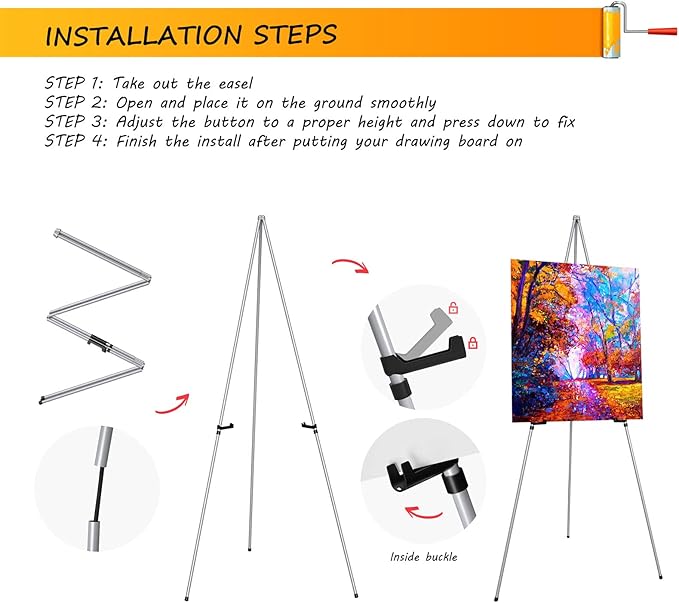 Display Artist Easel Stands - 63" Instant Tripod Collapsible Portable Floor Easels - Easy Folding Adjustable Art Poster Metal Stands for Display Show, Wedding, Painting - Silver 2pack
