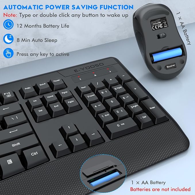 Wireless Keyboard and Mouse Combo, E-YOOSO 2.4GHz Full Sized Ergonomic Wireless Keyboard with Wrist Rest, 3 DPI Adjustable and 6 Buttons Cordless USB Mouse for Computer, Laptop, PC, Windows (Black)
