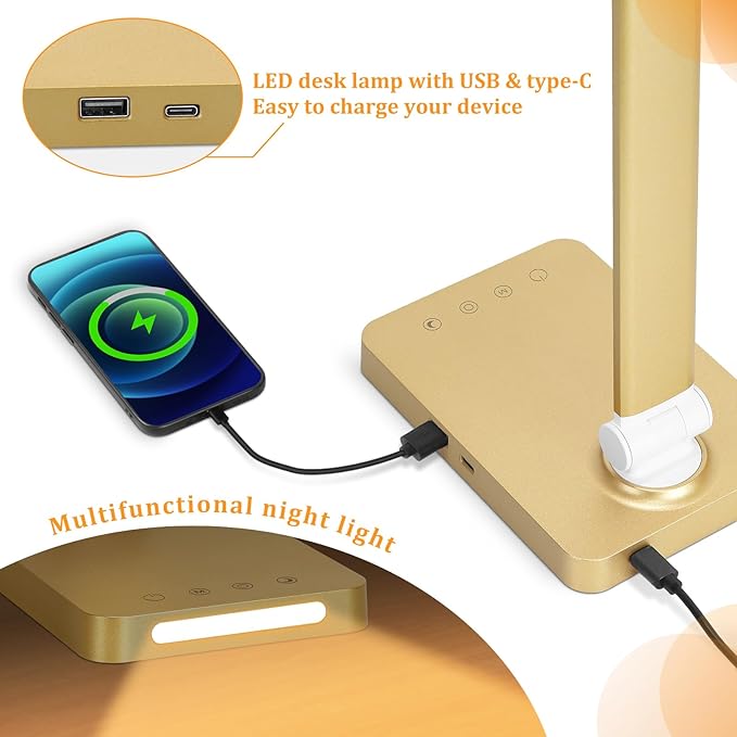 LED Desk Lamp with USB Ports,Touch Desk Lamps for Home Office with 5 Color Modes,3 Brightness Desk Light with Small Night Light,Reading Lamp Table Lamp for Bedroom Bedside Study Gold （with adapter）