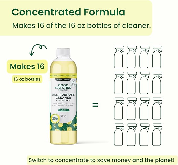 Good Natured Brand All-Purpose Cleaner Concentrate | Multi-Surface Cleaner | Natural Lemon Essential Oil | Multipurpose Cleaner Concentrate All Surfaces | Lemon Love | 16oz makes 256oz