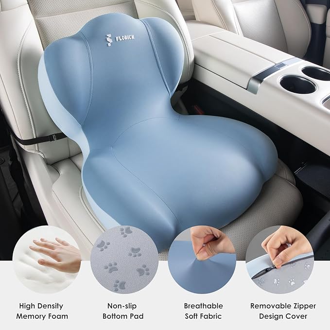 FLORICH Memory Foam Truck Seat Cushion with Adjustable Strap,Seat Cushion and Lumbar Support Pillow for Car Office Chair, Ergonomic Back Support & Sciatica Relief for Long Drives(Blue)