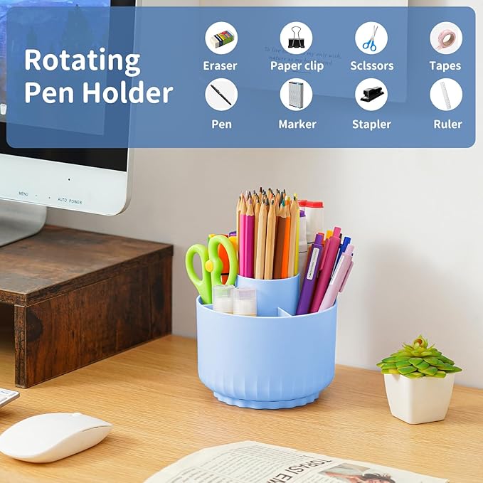 Marbrasse 360-Degree Rotating Pen Pencil Holder, Desk Organizer with 5 Compartments, Art Supply Storage Box Caddy (Sapphire Blue)