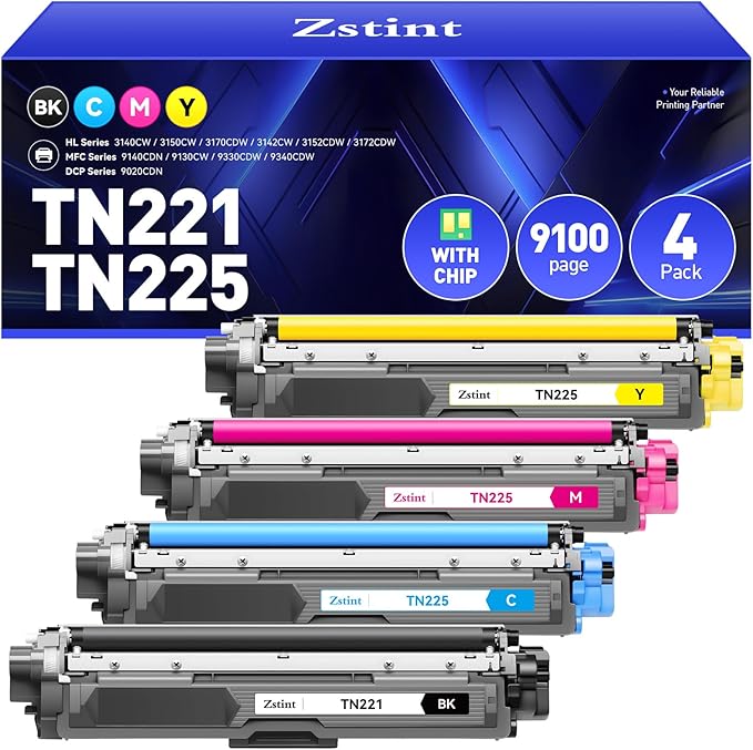 TN221 TN225 Toner Cartridge 4-Pack Replacement for Brother TN-221 TN-225 to Use with MFC-9130CW HL-3170CDW MFC-9340CDW HL-3140CW 3150CW MFC-9330CDW 9140CDN DCP-9020CDN Printer Black Cyan Yellow Magent