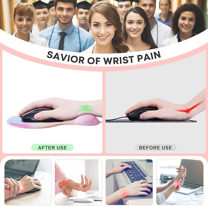 JIKIOU Mouse Pad, 2 Pack Ergonomic Mouse Pads with Comfortable Gel Wrist Rest Support and Lycra Cloth, Non-Slip PU Base for Easy Typing Pain Relief Durable and Easy to Clean Small Rainbow