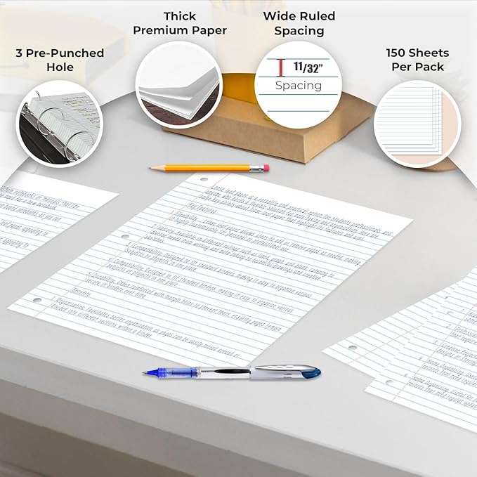 6 Pack Loose Leaf Paper, 900 Sheets, Wide Ruled Paper, 8" x 10.5", Bulk Notebook Paper, 150 Sheets/Pack, Fits Standard 3 Ring Binders, Wide Ruled Filler Paper for School, White Notebook Paper