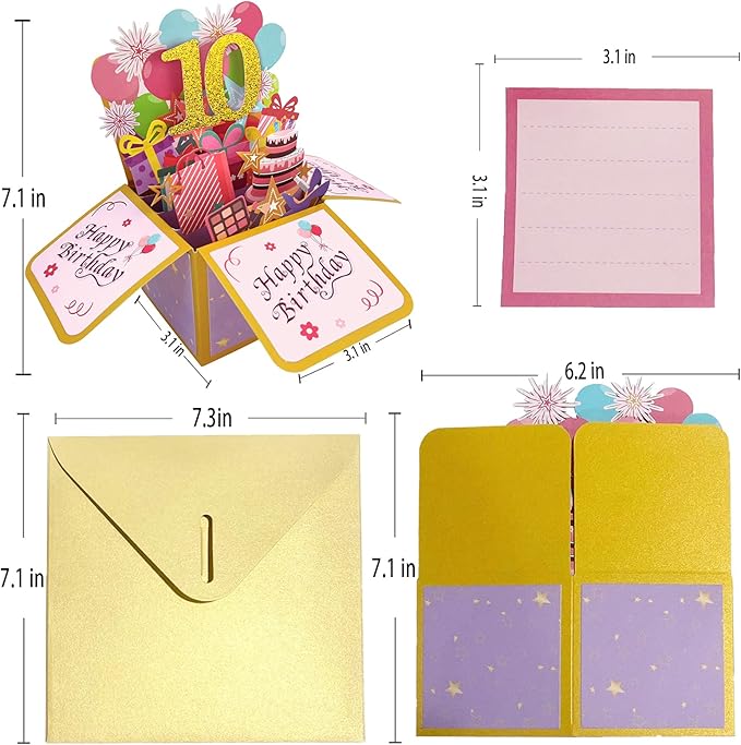 Asmallgf Happy 10th Birthday Popup Card for Daughter Niece, Best Birthday Gift for 10 Years Old Girl Boy, Sweet 10 Birthday Decorations for Him Her
