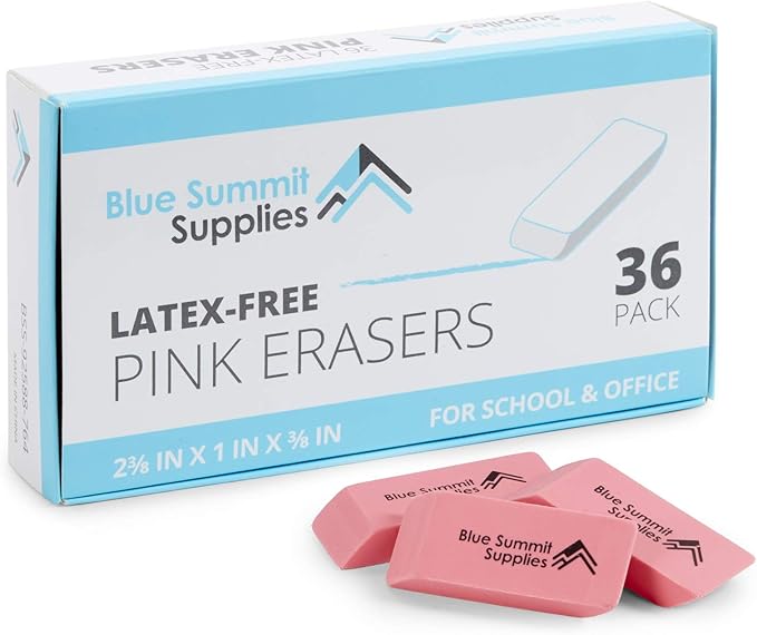 Blue Summit Supplies Pink Erasers, Bulk Erasers for Art, School, and Office Use, Classroom Set, 36 Pack