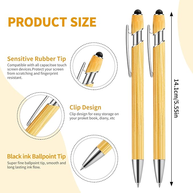 Personalized Pen Customizable Bamboo Pen with Stylus -Customizable Text Logo Name Ballpoint Pens with Black Ink-Personalized Gift Ideas for School Back Day Office Business Home(20 Count/Pack)