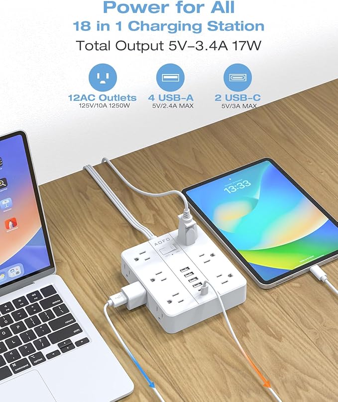 Flat Plug Power Strip, AOFO Surge Protector Flat Extension Cord with 12 AC Outlets and 6 USB(2 USB-C) Ports,Multiple Outlet Wall Plug 5FT Extension Cord for Home Office, Dorm Room Essentials